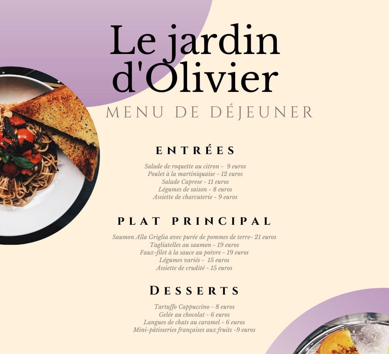 carte d’un restaurant avec les prix affichés par catégorie